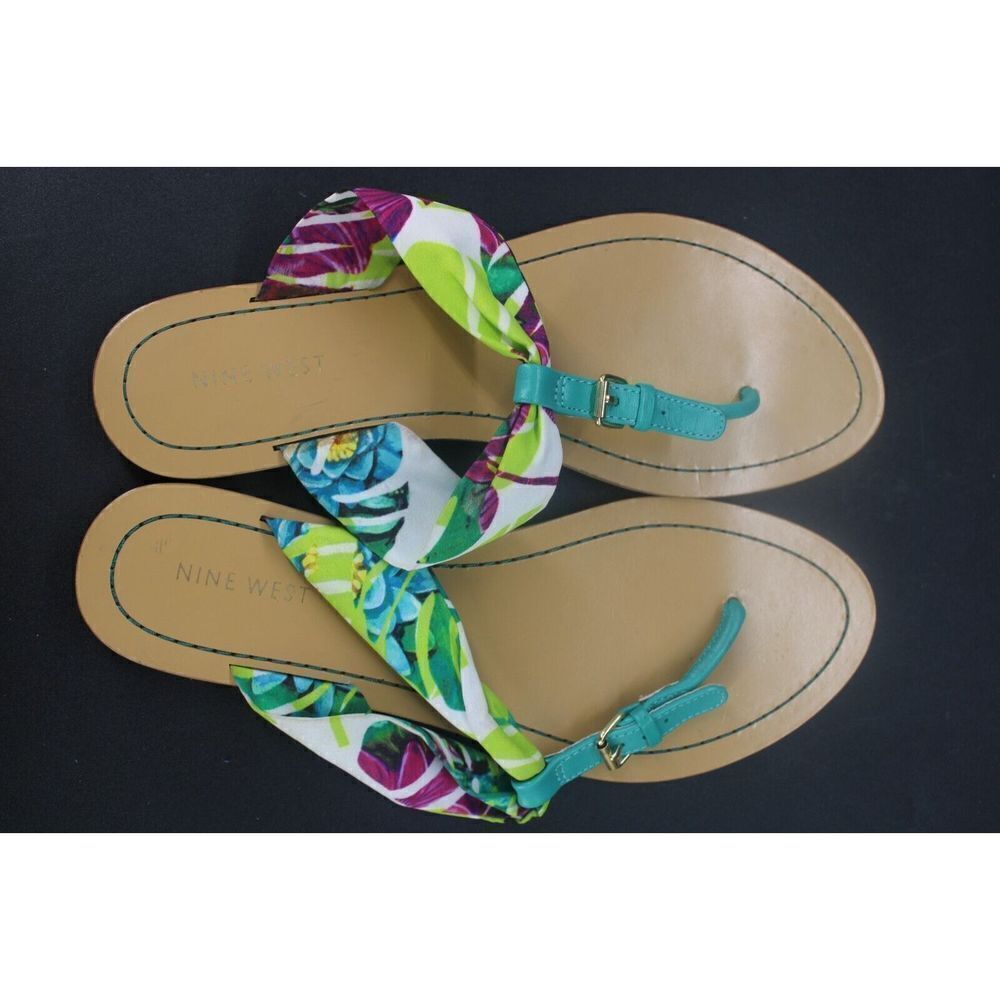 Nine West Sandals Womens 9 M Spice It Up Thong Flats Green Print Toe-Post Casual
